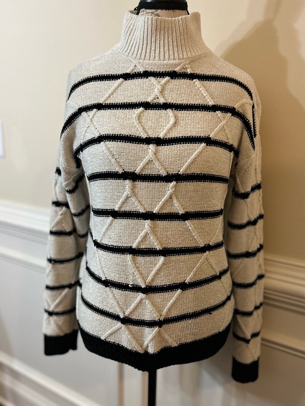 Rachel Zoe Cream and Black Striped Turtleneck Sweater